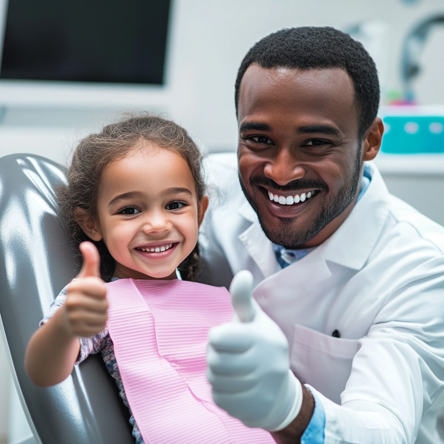 A child and a person in a dental office chair give thumbs up, both smiling widely, creating a joyful, reassuring atmosphere.